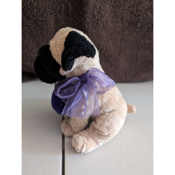 E&J Classic Puggle Dog Plush Stuffed Animal Puppy Beige Puglet Purple Heart Bow - Picture 8 of 8